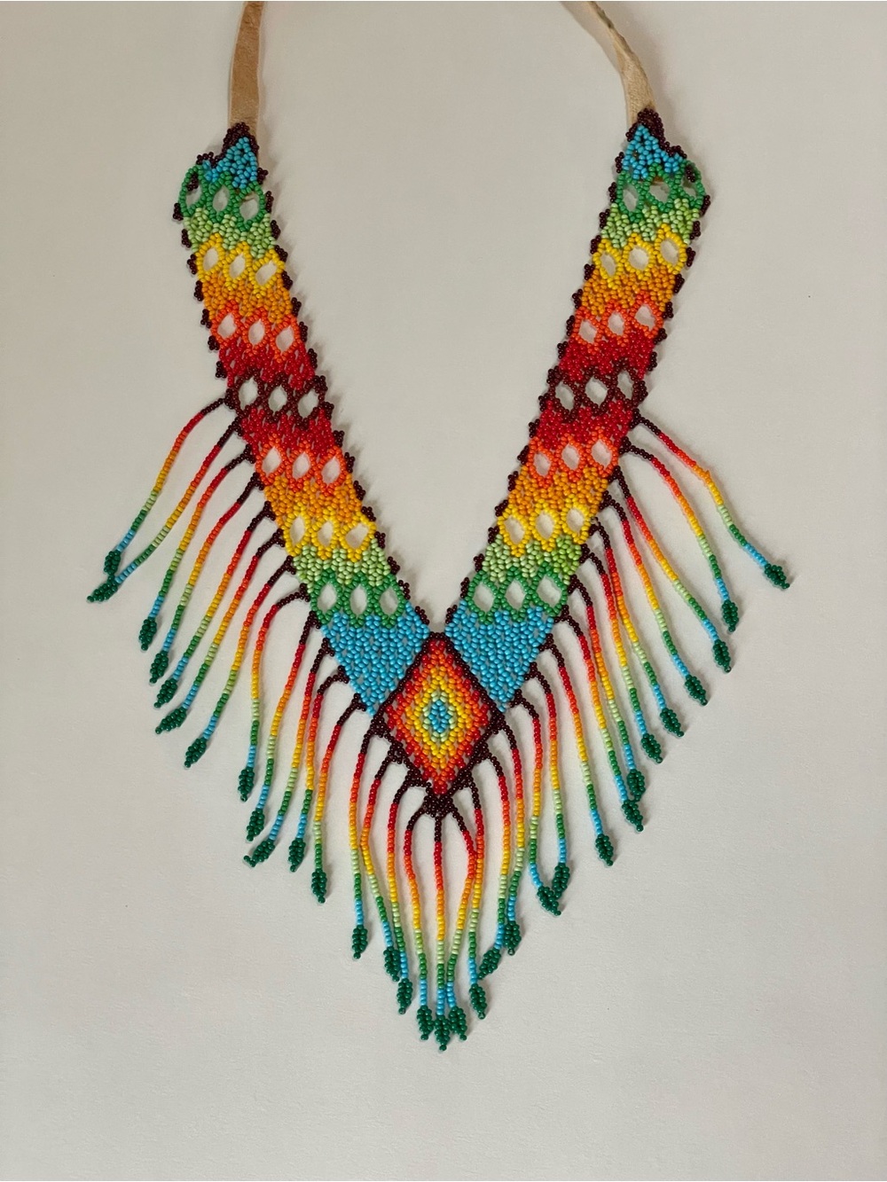 Hand-Beaded Rainbow Fringe V-Necklace Boho Festival Statement Jewelry
